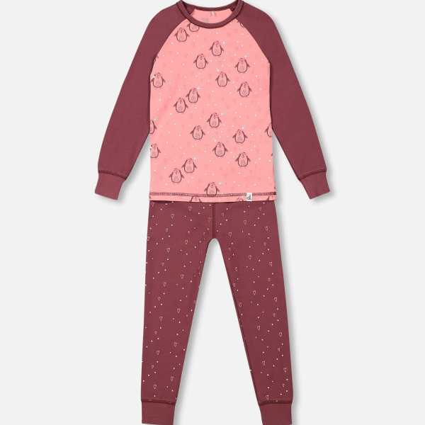 Organic Cotton Long Sleeve Two Piece Printed Penguins Pajama Set Pink