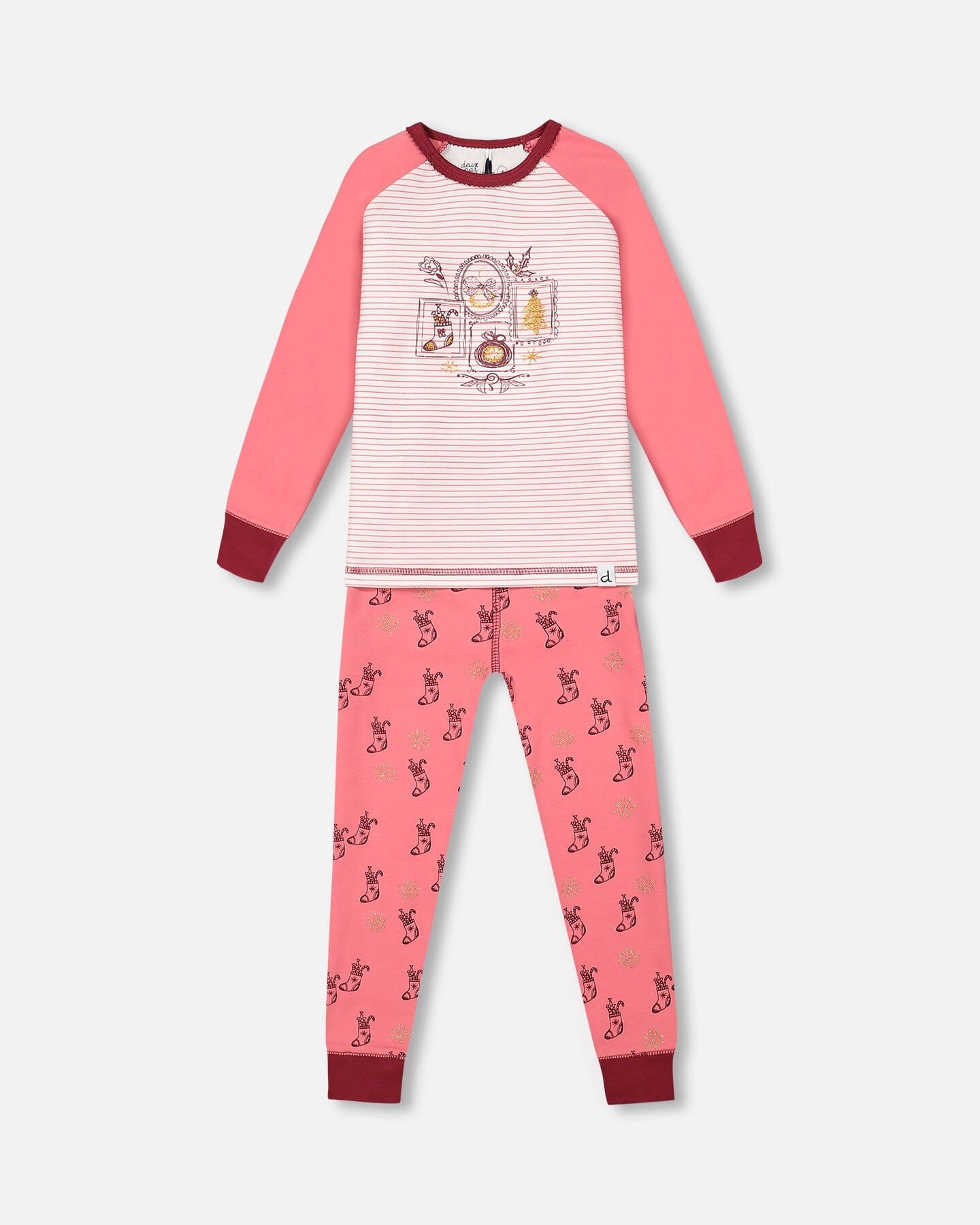 Organic Cotton Long Sleeve Two Piece Printed Christmas Stocking Pajama Set Pink