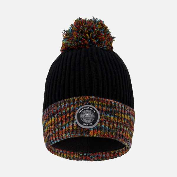 Lined Knit Winter Hat With Pompom Black And Multicolor