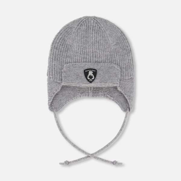 Lined Baby Knit Hat With Ears And Strings Heather Gray