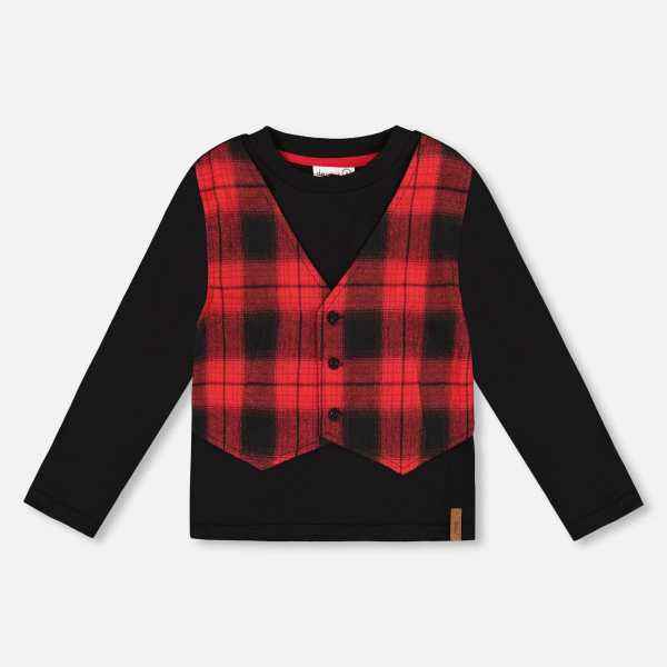 T-Shirt With Plaid Vest Red And Black