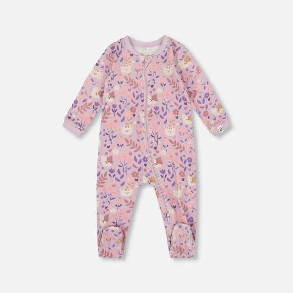 One-Piece Organic Cotton Pajama Lilac Cat Print