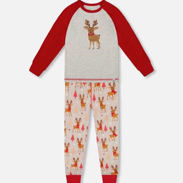 Two-Piece Organic Cotton Pajama Set Beige Reindeer Print