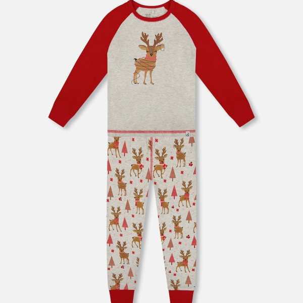 Organic Cotton Two-Piece Pajamas Beige Girly Reindeer Print