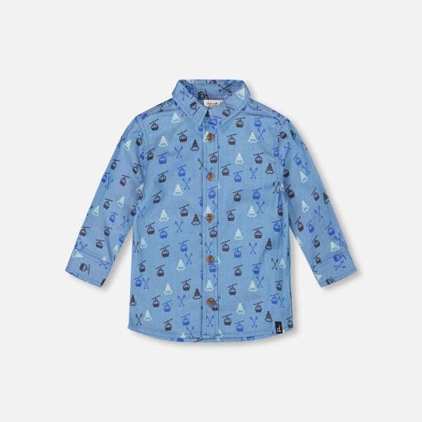 Printed Long Sleeve Button Front Chambray Shirt Blue