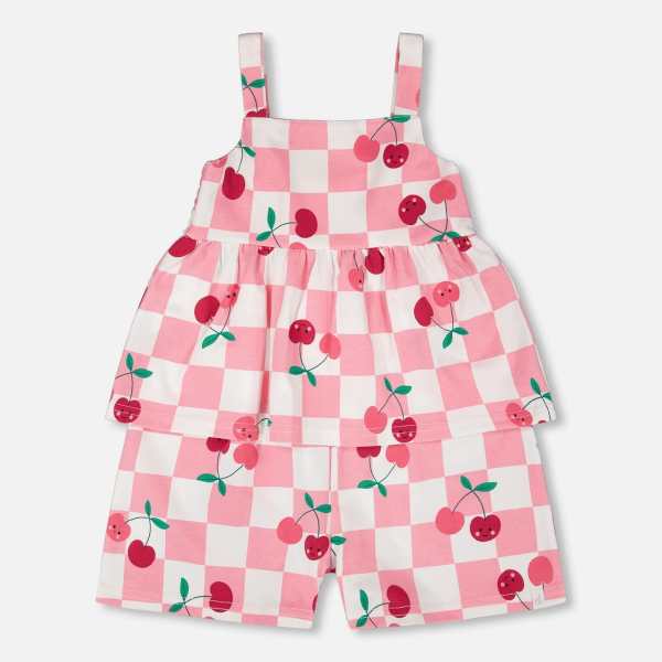 Organic Cotton Jersey Romper Pink Printed Cherries