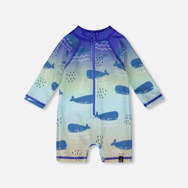 Baby And Toddlers One-Piece Long Sleeve Rashguard Blue Whale Print