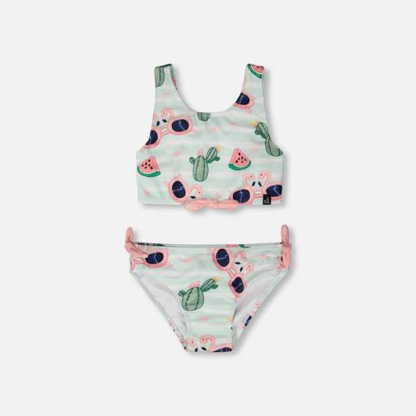 Two-Piece Swimsuit Blue Flamingo And Cactus Print