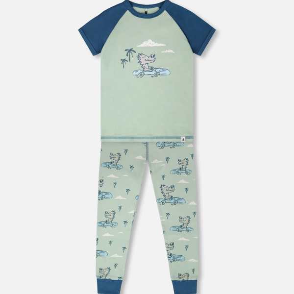 Organic Cotton Two-Piece Pyjama Set Green Crocodile Print