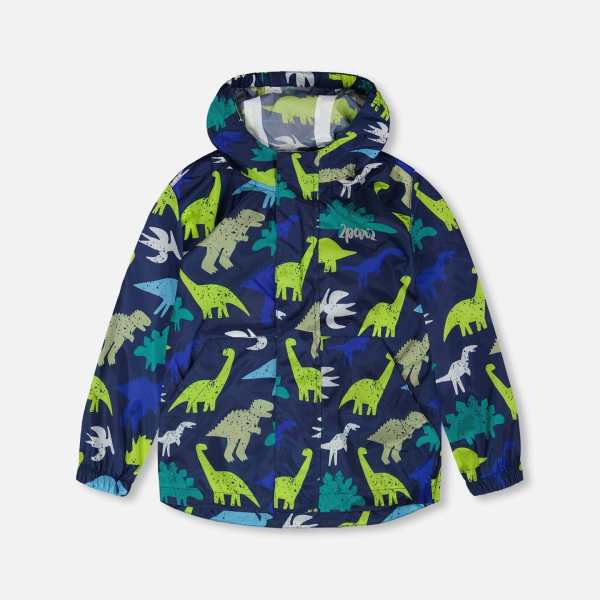 Packable Windbreaker In Polyester Blue Dinosaur Print