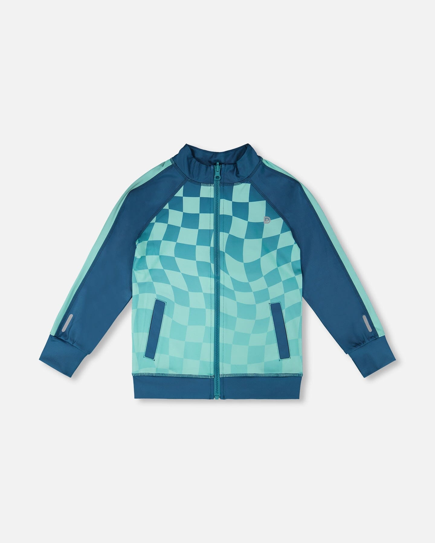 Full Zip Athletic Cardigan In Recycled Polyester Teal Printed Checkerboard