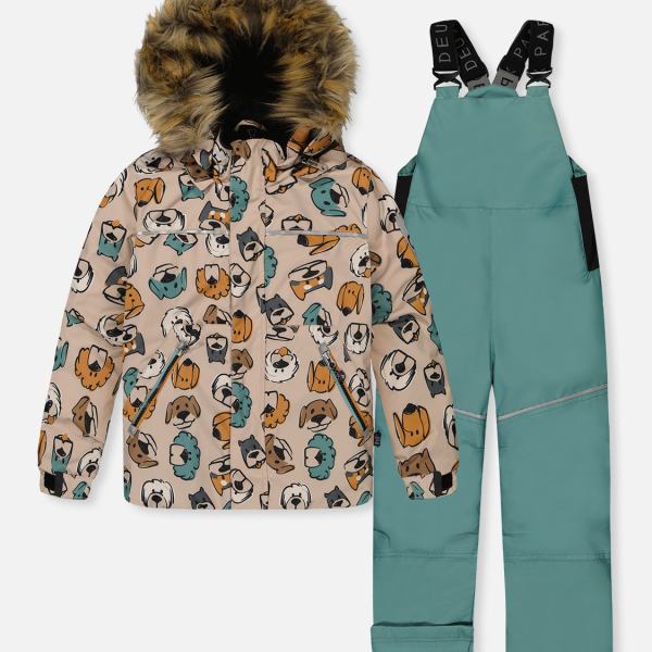 Two Piece Discover Snowsuit Beige Printed With Dogs