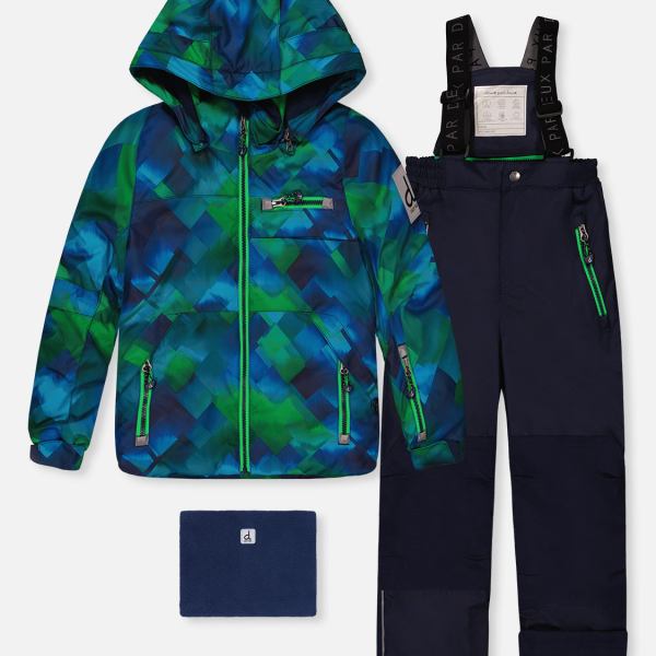 Two Piece Play Snowsuit Blue And Green Checkered Print With Navy Pants