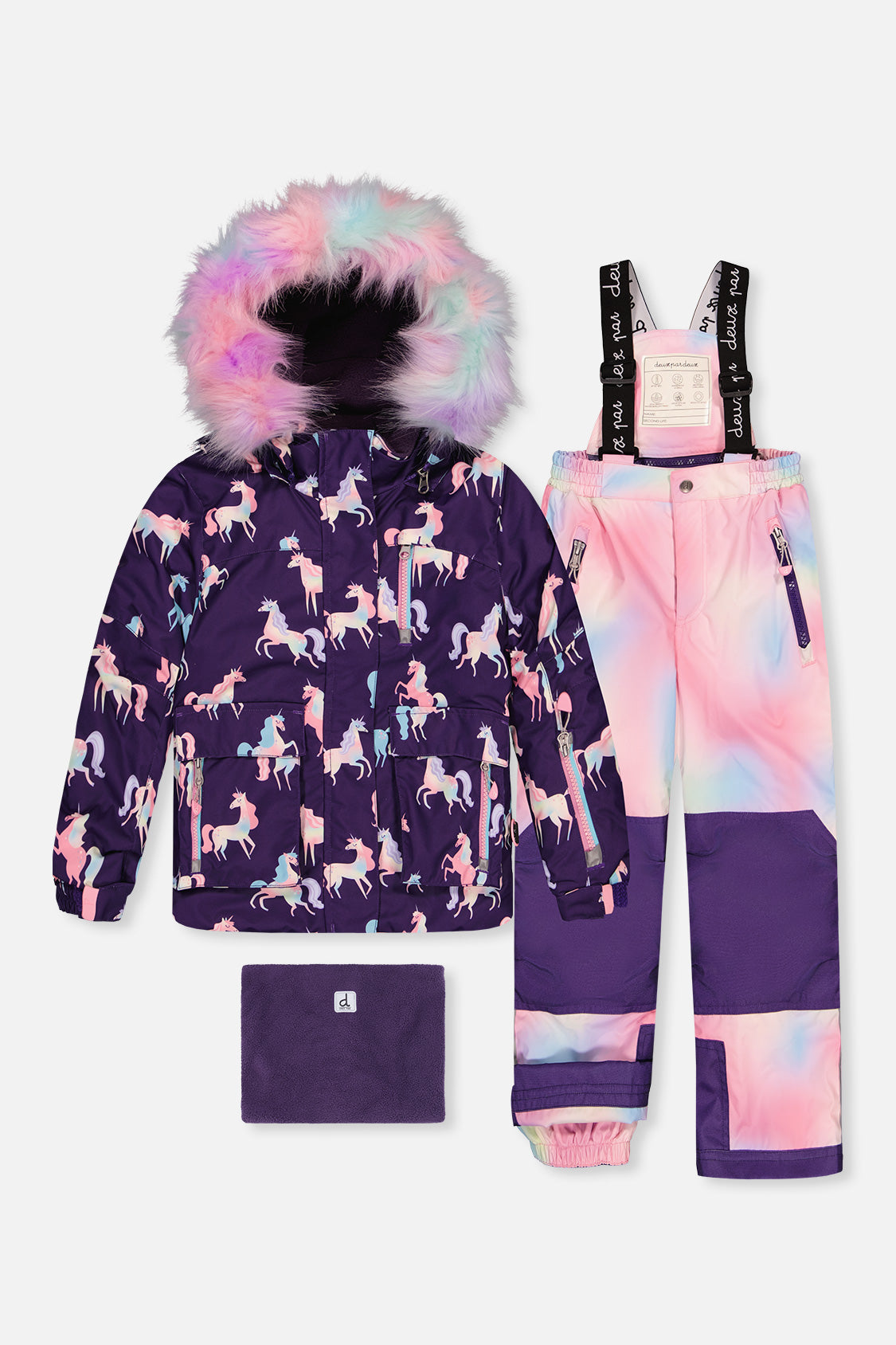 Two Piece Play Snowsuit Purple Unicorn Print With Multicolored Pants