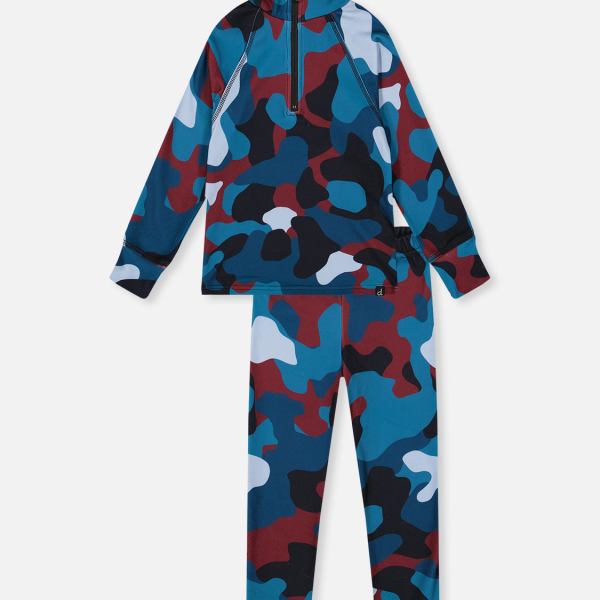 Two Piece Thermal Underwear Blue And Red Camouflage Print