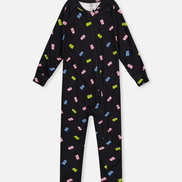 Baby One Piece Thermal Underwear Black Printed Gummy Bears
