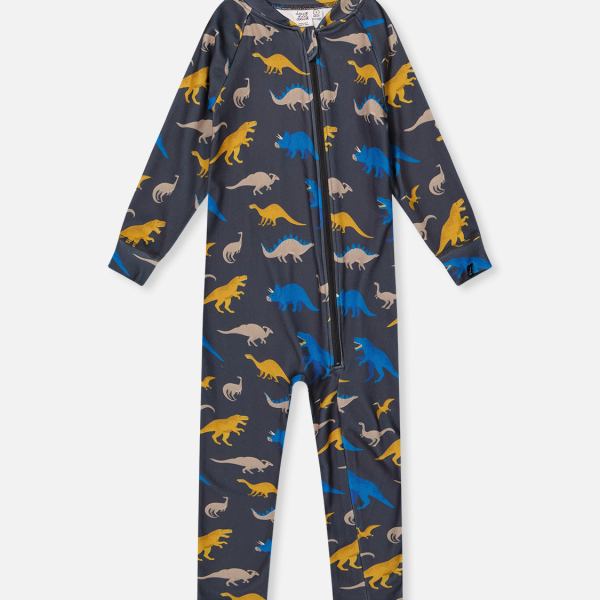 Baby One Piece Thermal Underwear Grey And Blue Dinosaur Print
