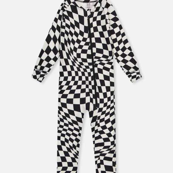 One Piece Thermal Underwear White Checkered Print