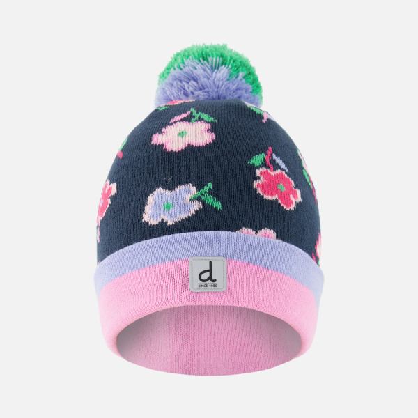 Winter Knit Hat With Pompom Blue Floral Print