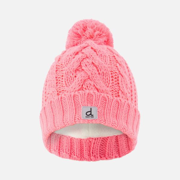 Winter Knit Hat With Pompom Neon Coral