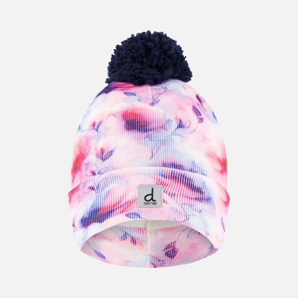 Winter Knit Hat With Pompom Mauve Printed Flowers