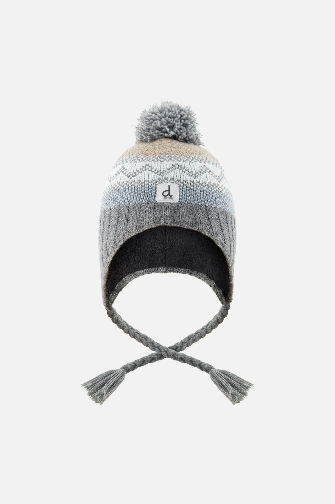 Winter Peruvian Knit Hat With Pompom Grey And Blue Fair Isle