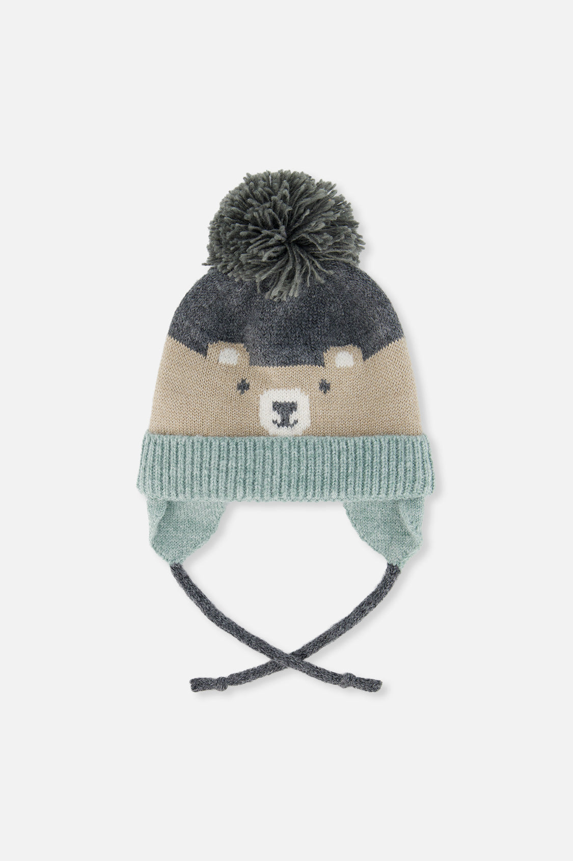 Baby Winter Knit Hat With Teddy Bear Face And Ears Beige And Turquoise