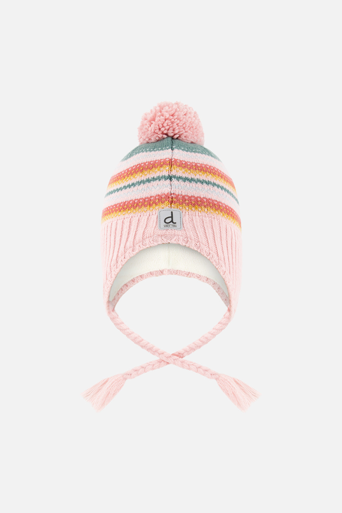 Winter Peruvian Knit Hat With Pompom Pink And Green Jacquard