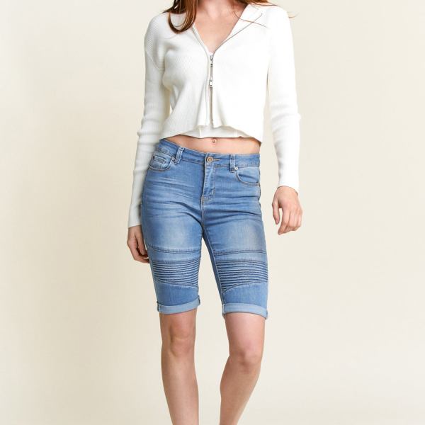 Mid Rise 5 Pocket Bermuda Denim Shorts