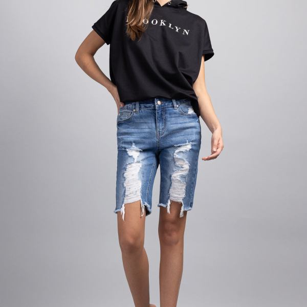 Mid Rise Heavy Destructed Bermuda Denim Shorts