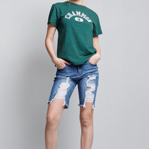 Mid Rise Heavy Destructed Bermuda Denim Shorts