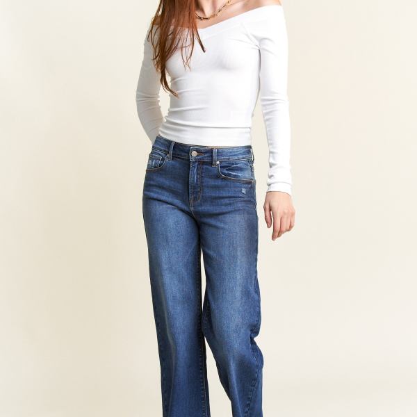 High Rise Destructed Wide Leg Jeans