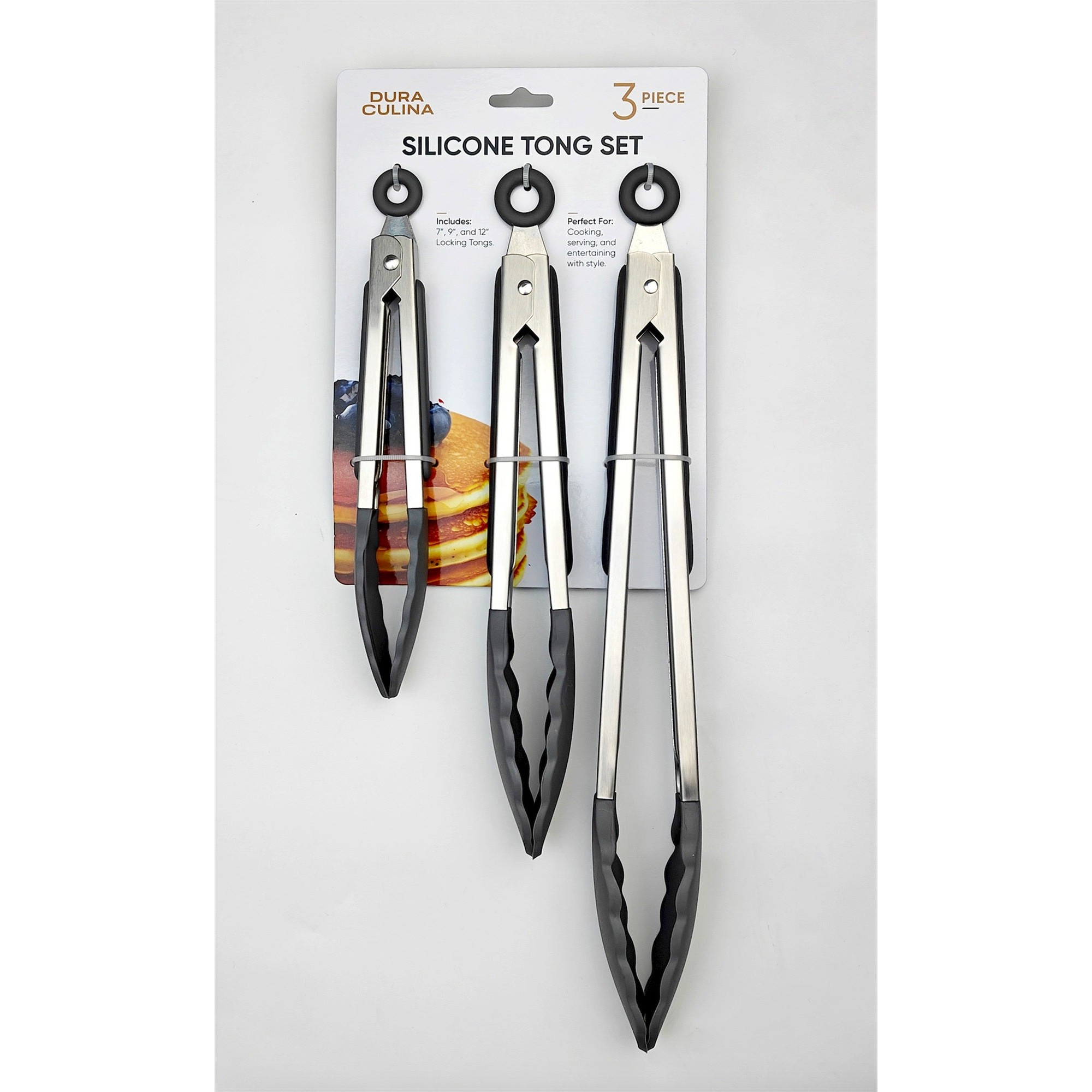 3-Piece Kitchen Tong Set for Versatile Cooking & Serving (Grey)