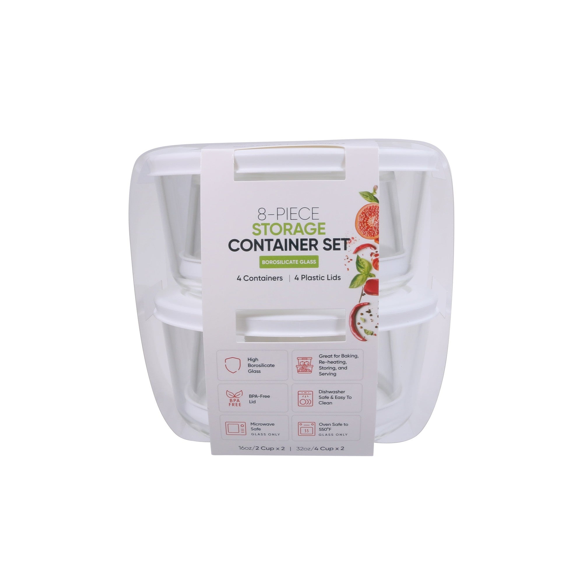 8 Piece Set (2 X 2 Cup / 16Oz & 2 X 4 Cup / 32Oz) Round Glass Storage Containers With Lids, White