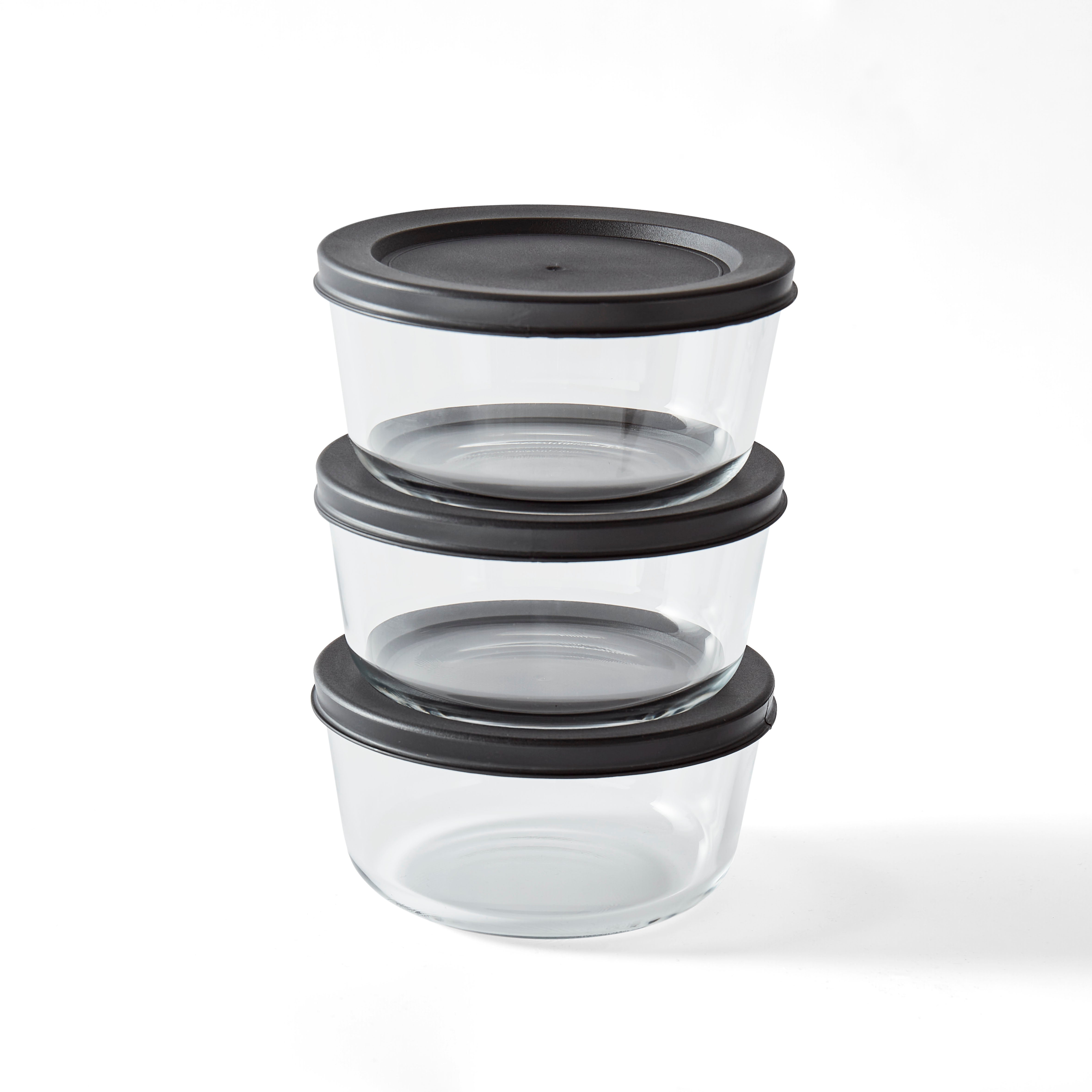 6 Piece Set (2 Cup / 16Oz) Round Glass Storage Containers With Lids, Black
