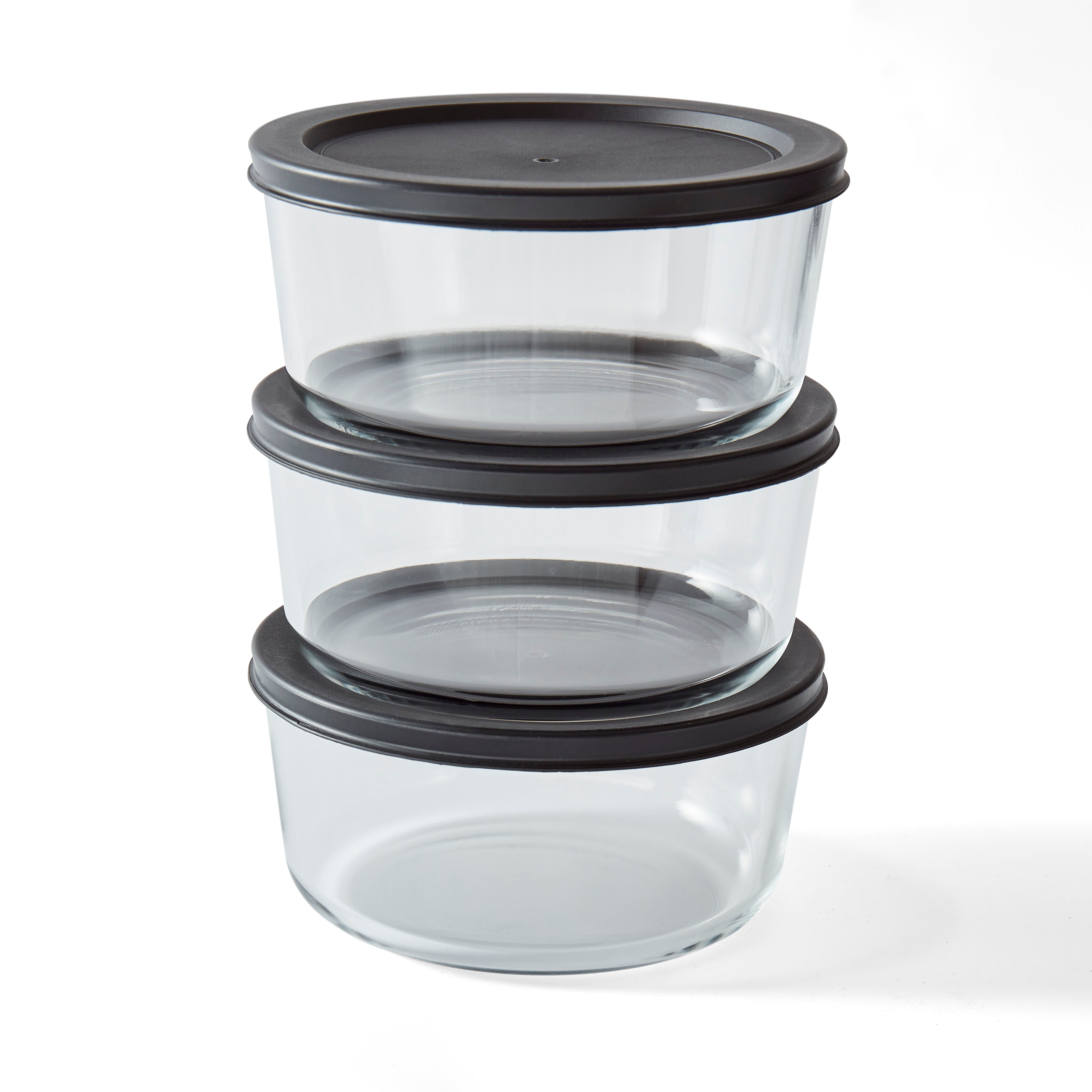 6 Piece Set (4 Cup / 32Oz) Round Glass Storage Containers With Lids, Black