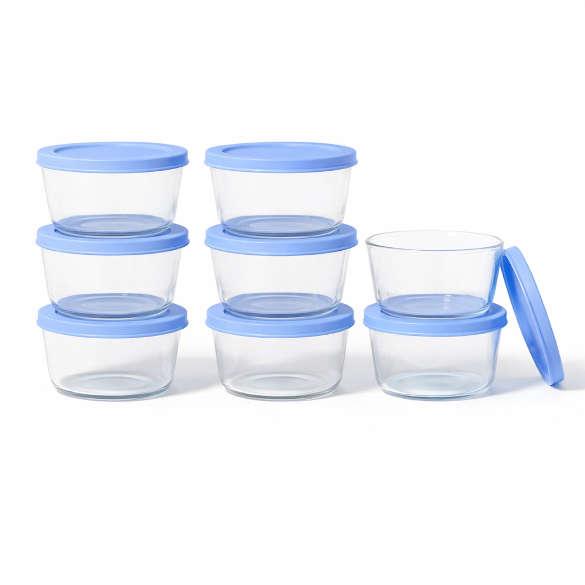 16 Piece Set (1 Cup / 8Oz) Round Glass Storage Containers With Lids, Lavender Blue