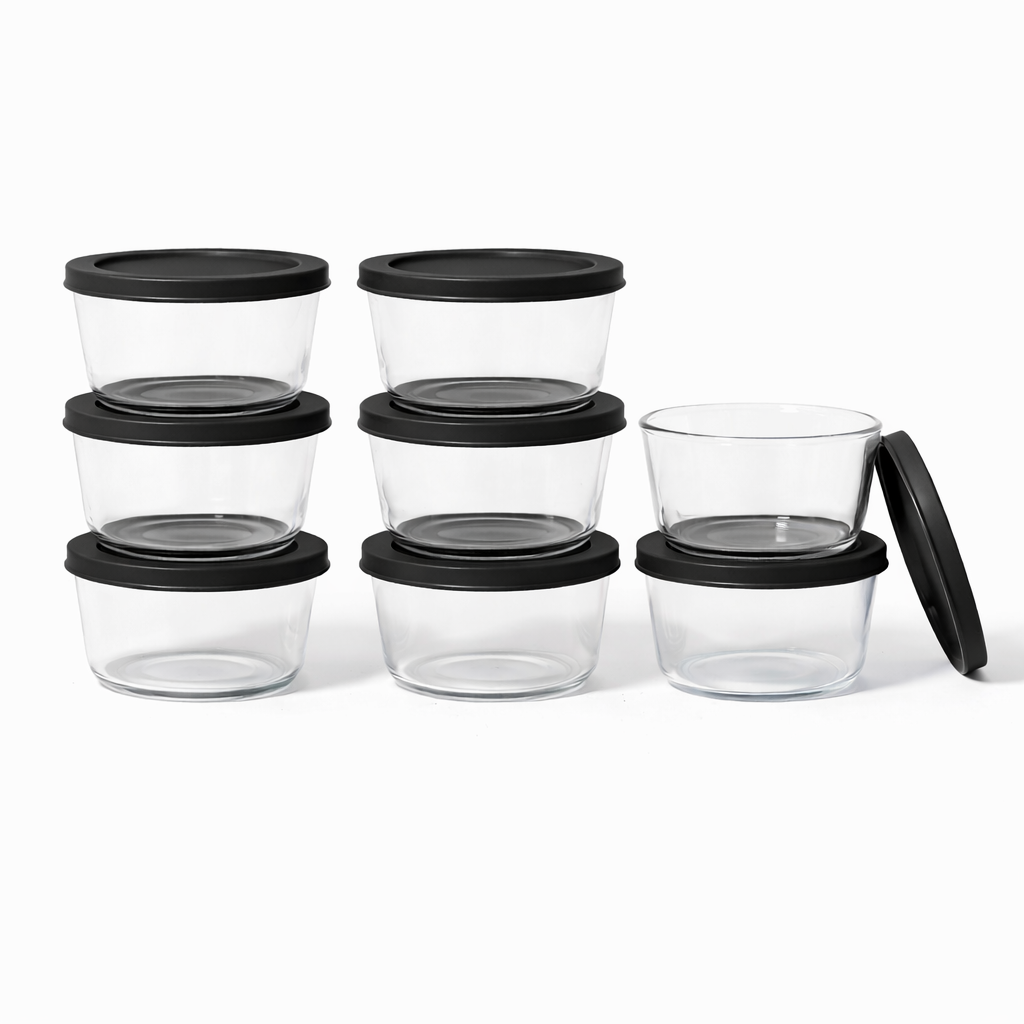 16 Piece Set (1 Cup / 8Oz) Round Glass Storage Containers With Lids, Black