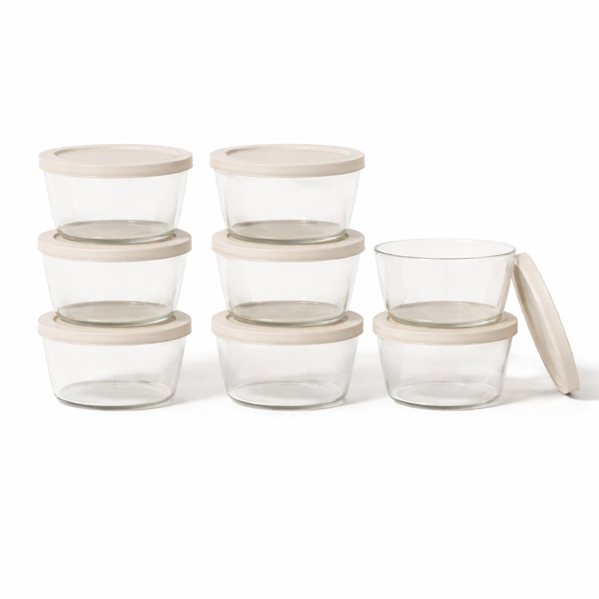 16 Piece Set (1 Cup / 8Oz) Round Glass Storage Containers With Lids, Warm Beige