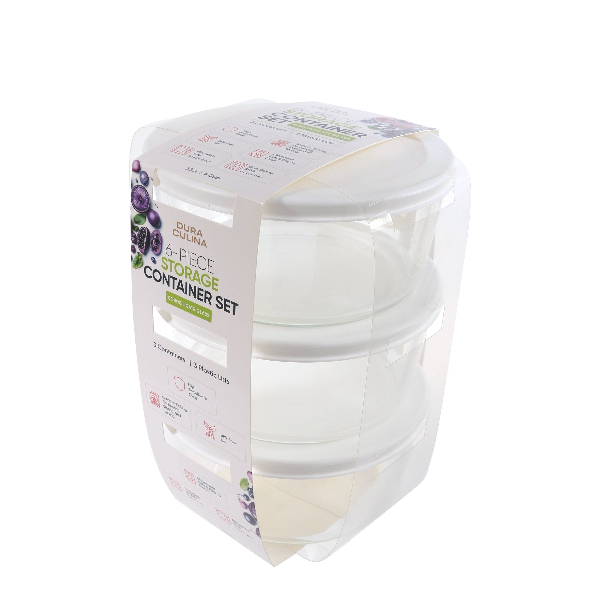 6 Piece Set (4 Cup / 32Oz) Round Glass Storage Containers With Lids, White