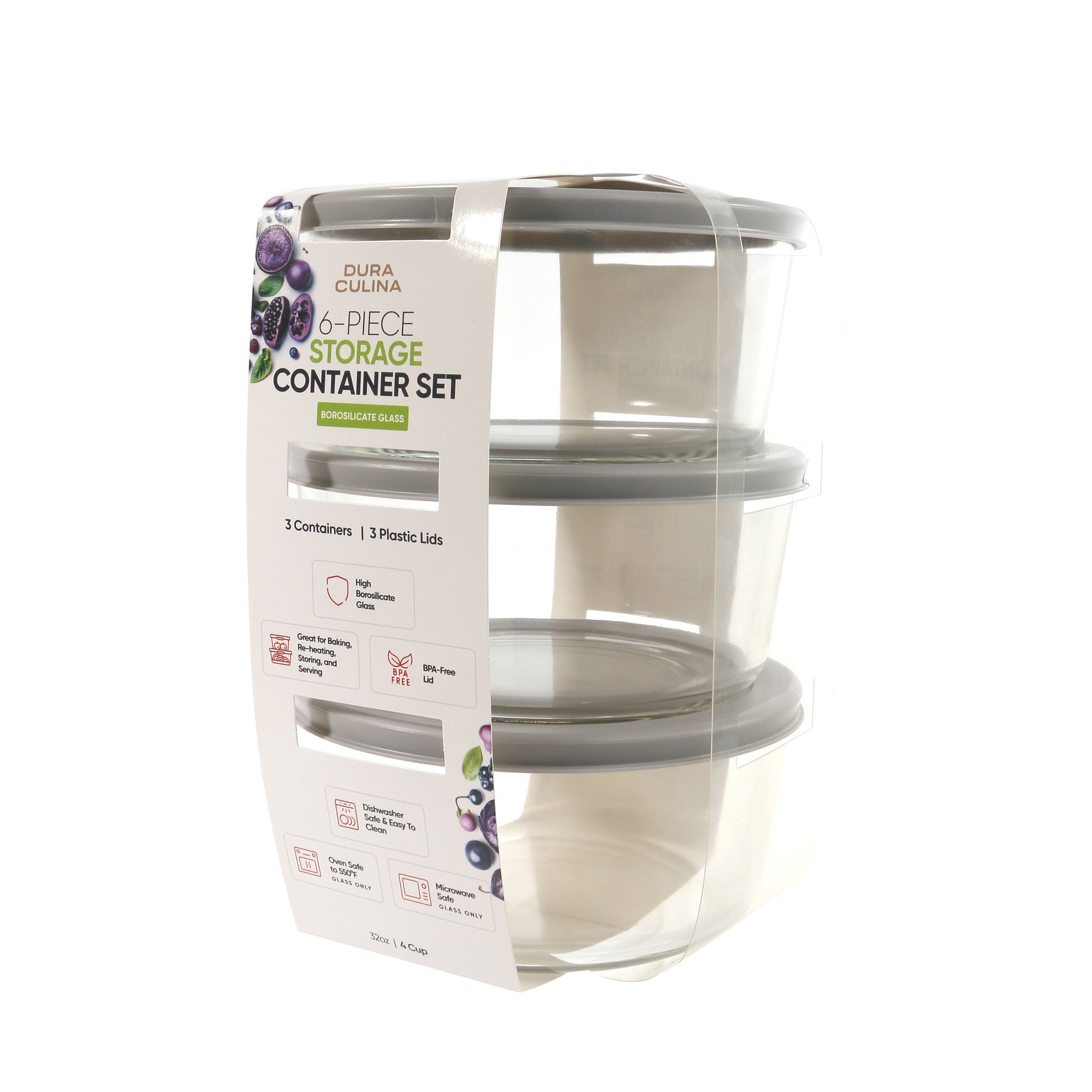 6 Piece Set (4 Cup / 32Oz) Round Glass Storage Containers With Lids, Grey