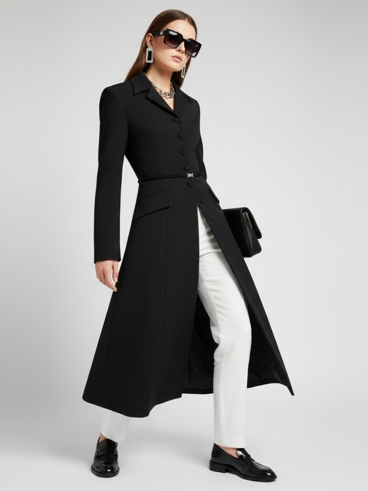 Black Long Tailored Coat with Belt - BOERUM HILL: New Collection COUTURE in BROOKLYN - BYMANYC ยฎ New York