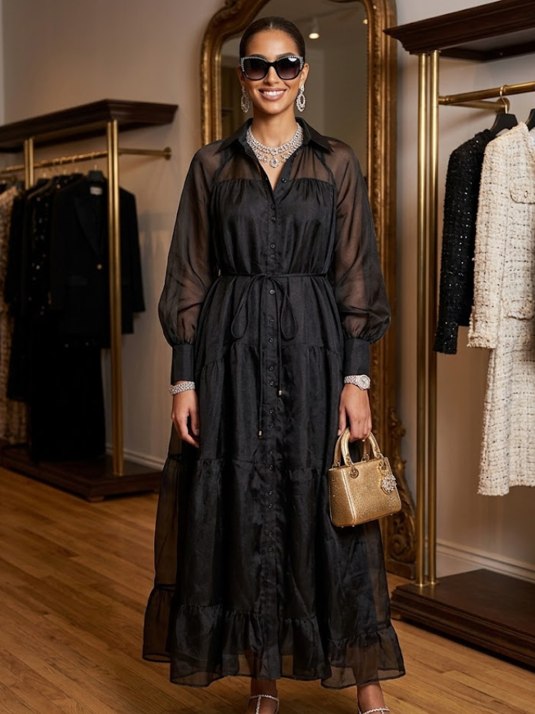 Black Sheer Tiered Maxi Shirt Dress GRAMERCY New Collection FASHION BYMANYC ยฎ New York