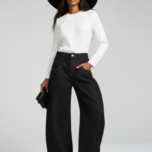 Black Wide-Leg Denim Jeans with Contrast Stitching • BYMANYC ® New York