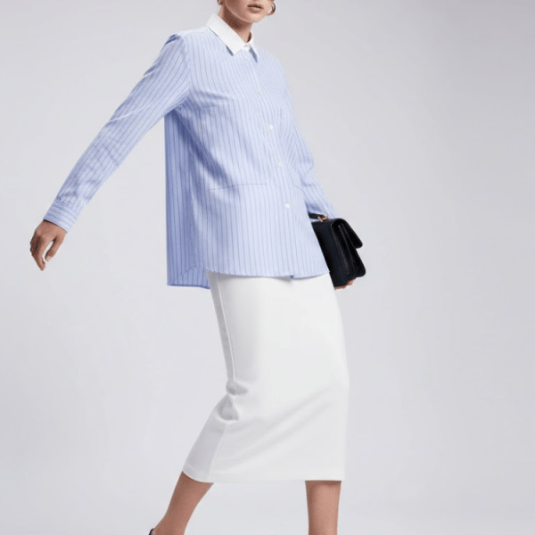 Blue Striped Shirt with Contrast Collar and Double Pockets • BYMANYC ® New York