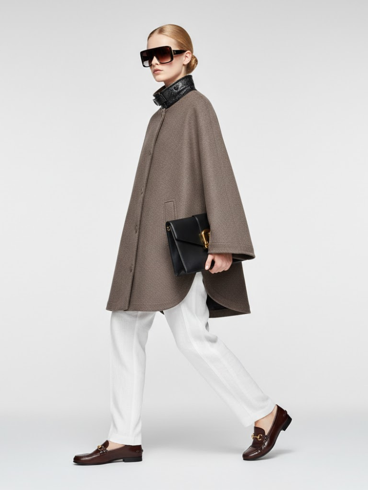 Brown Wool-Blend Jacket with Leather Collar and Egg-Shape Cut โข BYMANYC ยฎ New York