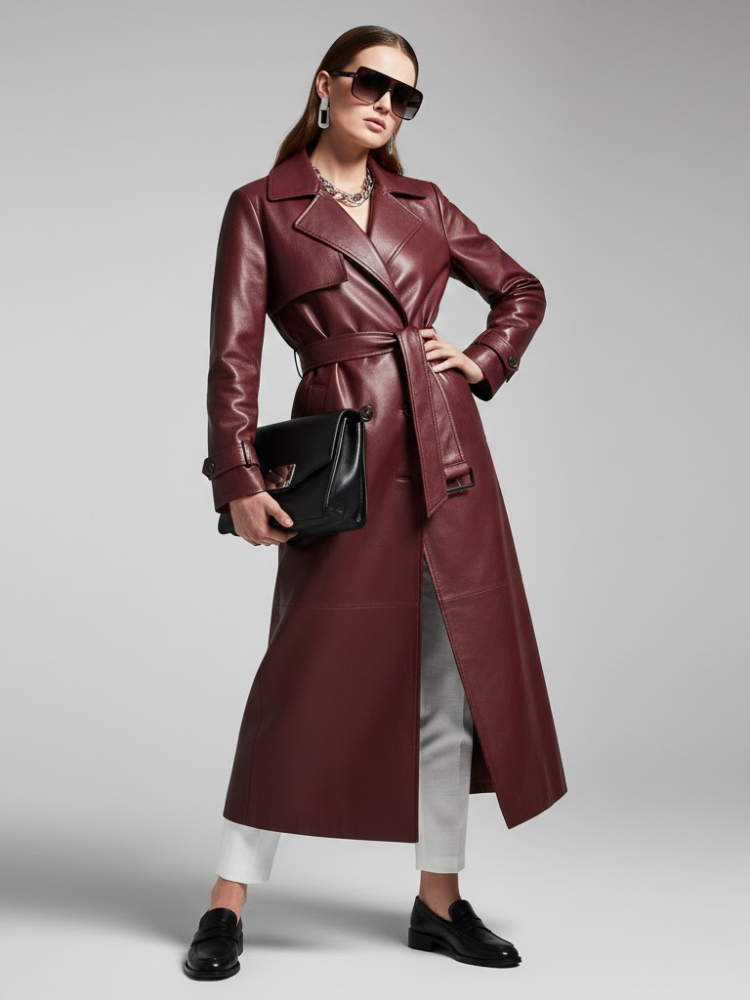 Burgundy Vegan Leather Long Trench Coat - BED-STUY: New Collection COUTURE in BROOKLYN - BYMANYC ยฎ New York