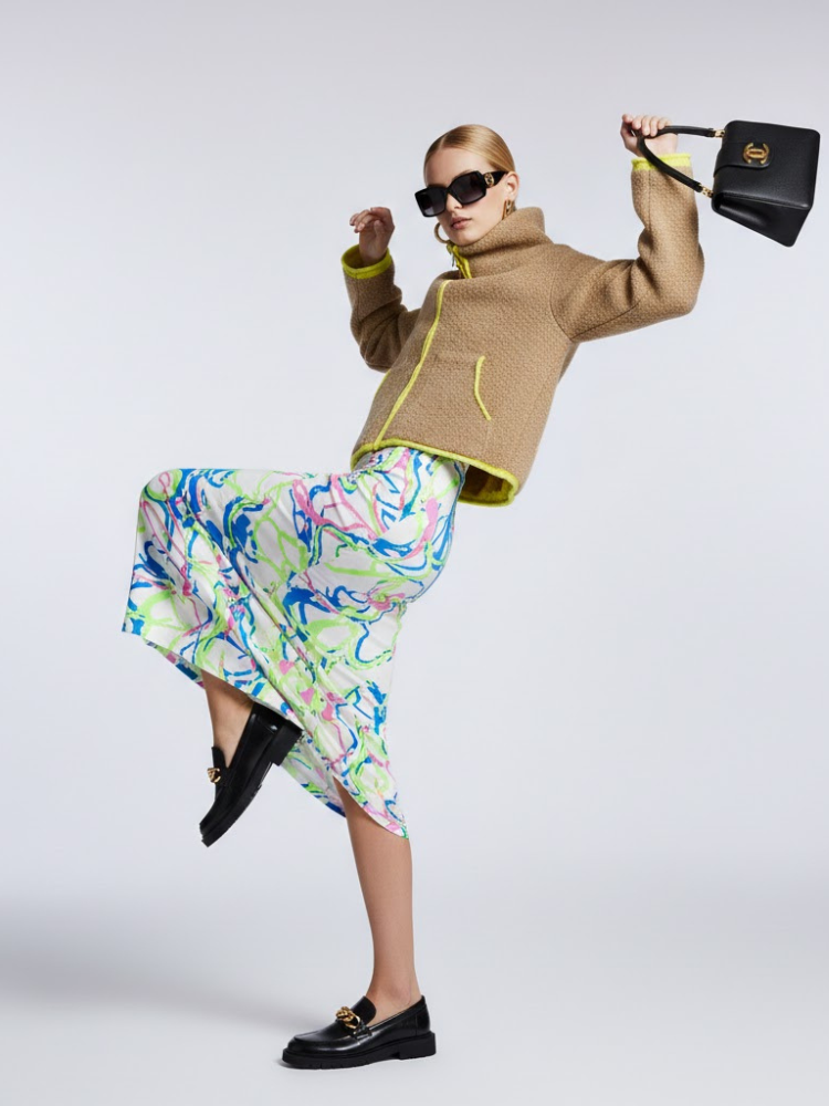 Camel Bouclรฉ Knit Jacket with Neon Trims and Funnel Neck โข BYMANYC ยฎ New York
