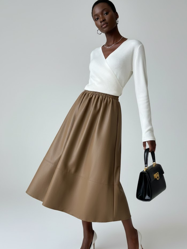 Camel Vegan Leather Midi Skirt LAFAYETTE: New Colecciรณn COUTURE in NOLITA - BYMANYC ยฎ New York