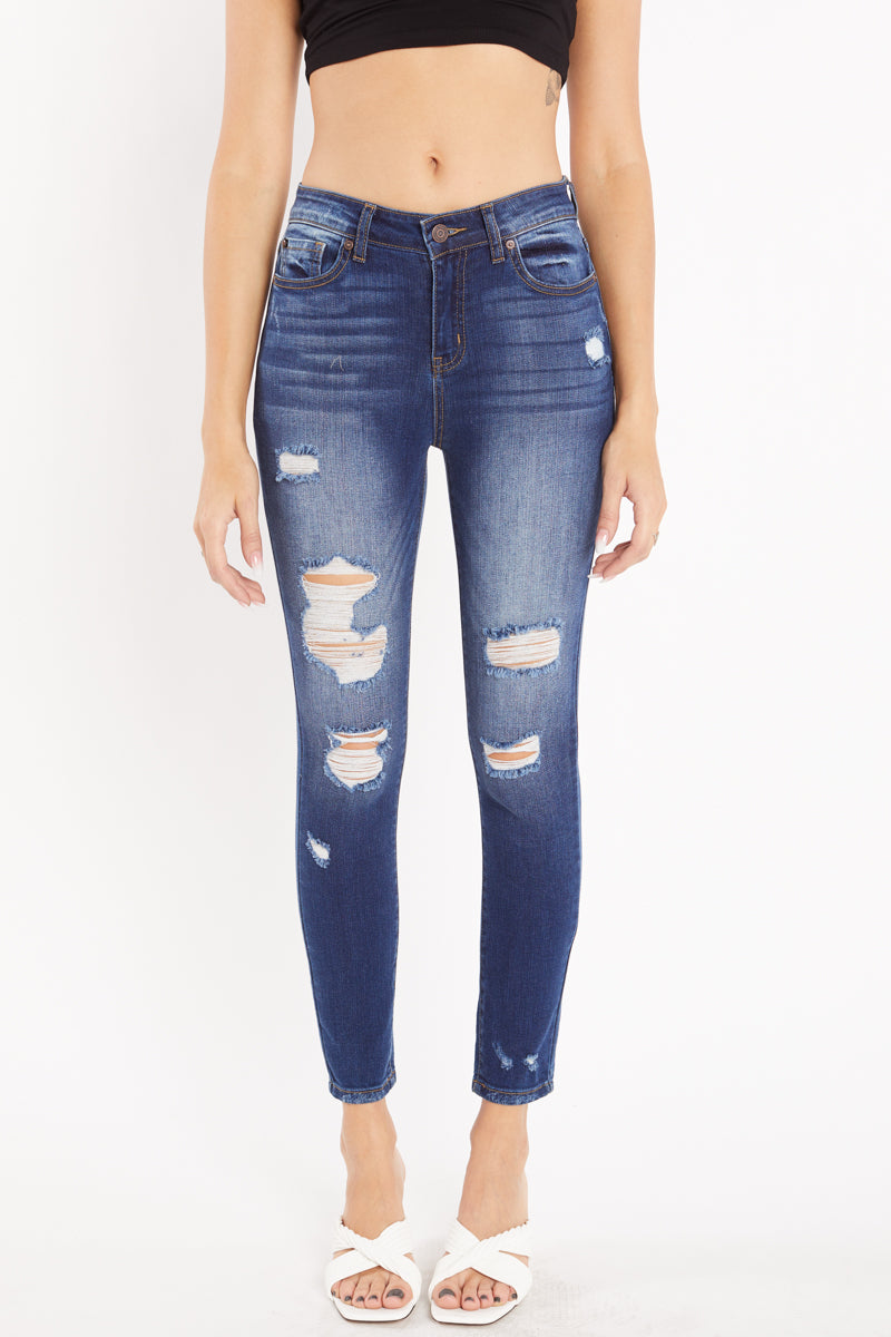 High Rise Destructed Ankle Skinny Jeans
